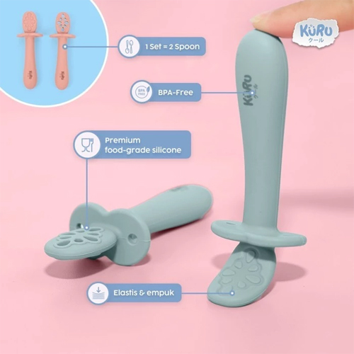 Kuru Baby SIlicone Pre Spoon Training Spoon 2 Stages | Sendok Belajar Makan Mpasi Bayi 4